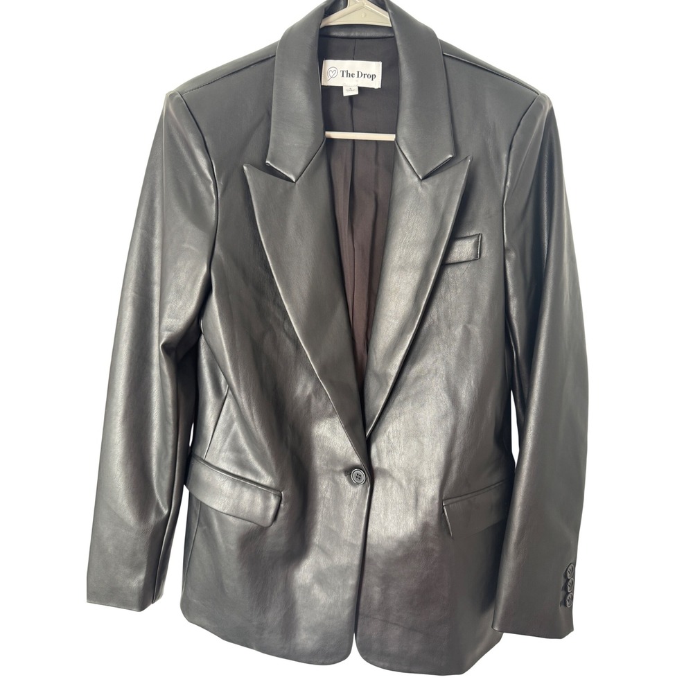 The Drop Women Black Faux Leather Blazer Peak Lapel Single Button Jacket Small